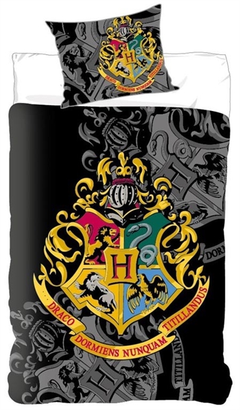 Harry-Potter-Bettwäsche - 140x200 cm - goldfarbenes Hogwarts-Wappen - 2-in-1-Design - 100 % Baumwolle