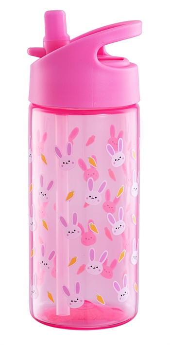 Trinkflasche mit Flip-Funktion und Strohhalm - Rosa mit Hasen - Trinkflasche für Kinder