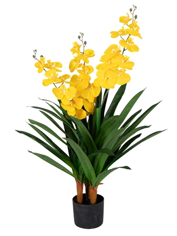 Künstliche Orchidee - 100 cm - Dreizweigig - Gelbe Blüten - Künstliche Blume im schwarzen Topf