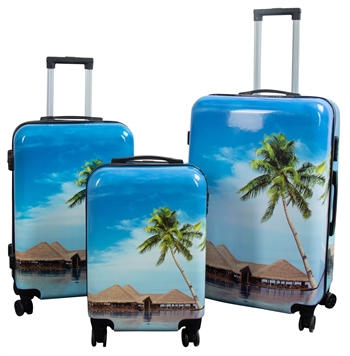 Koffer-Set - 3 Stk. - Koffer mit Motiv - Strand und Palmen - Hardcase Koffer mit 4 Rollen