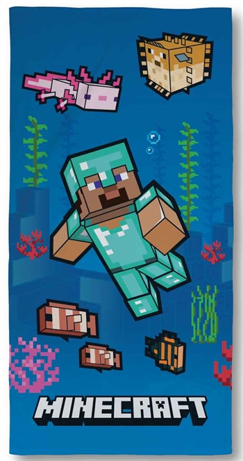 Minecraft Strandtuch - 70x140 cm - Blaues Kinderhandtuch mit Minecraft Figuren - 100% Baumwolle