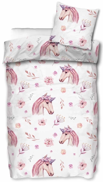 Junior-Bettwäsche 100 x 140 cm - Einhorn mit Blumen - 2-in-1-Design - 100 % Baumwolle Kinder-Bettwäsche-Set