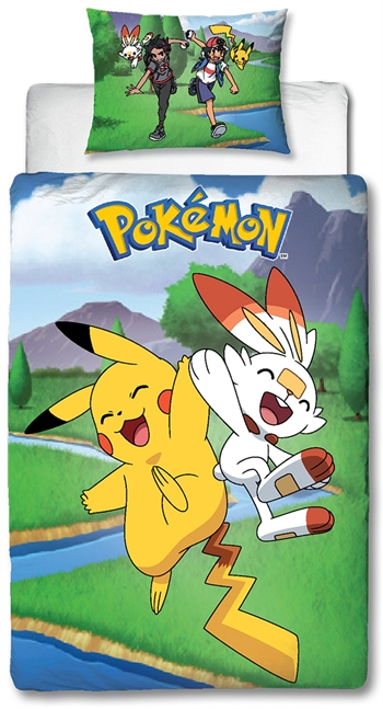 Pokemon Bettwäsche - 140 x 200 cm - Scorbunny, Hau, Pikachu und Ash - 2-in-1 Bettwäsche-Set - Deckenbezug aus 100 % Baumwolle