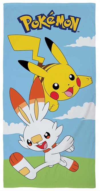 Pokemon Handtuch - 70x140 cm - Kinderhandtuch mit Pikachu und Scorbunny - Strandtuch 100% Baumwolle