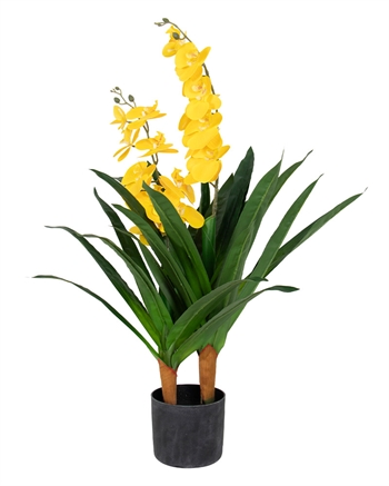 Künstliche Orchidee - 90 cm - 2-zweigig - Gelbe Blüten - Künstliche Blume im schwarzen Topf